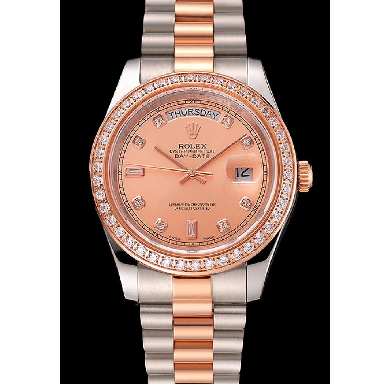 Aaa replica watch Steel Rolex Swiss Gold Bracelet 1454107 Day-Date Diamonds Rose And Staineless Bezel 0519